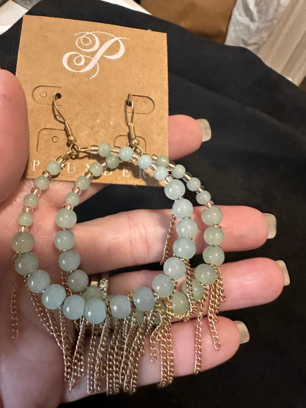 Plunder Pale Aqua Beaded Hoop Earrings with Gold Fringe